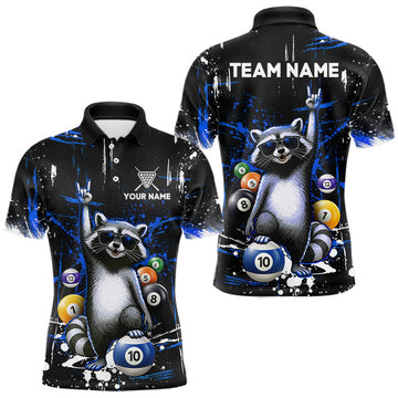 Maxcorners Custom Blue Funny Raccoon Billiard Shirt for Men 10 Ball Pool Billiard Jersey Polo & 1/4-Zip