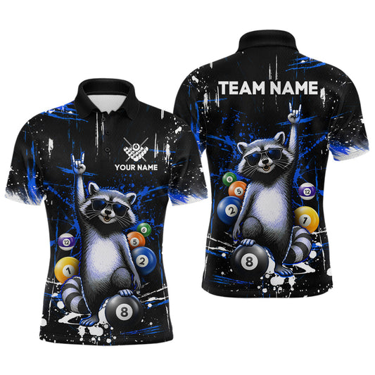 Maxcorners Custom Blue Funny Raccoon Billiard Shirt for Men 8 Ball Pool Billiard Jersey Polo & 1/4-Zip LM0503