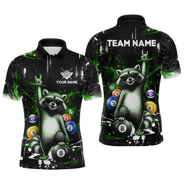 Maxcorners Custom Green Funny Raccoon Billiard Shirt for Men 8 Ball Pool Billiard Jersey Polo & 1/4-Zip LM0503