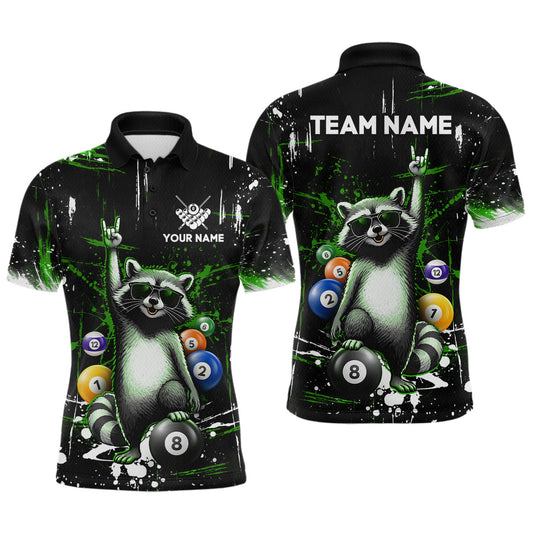 Maxcorners Custom Green Funny Raccoon Billiard Shirt for Men 8 Ball Pool Billiard Jersey Polo & 1/4-Zip LM0503