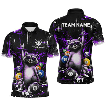 Maxcorners Custom Purple Funny Raccoon Billiard Shirt for Men 8 Ball Pool Billiard Jersey Polo & 1/4-Zip LM0503