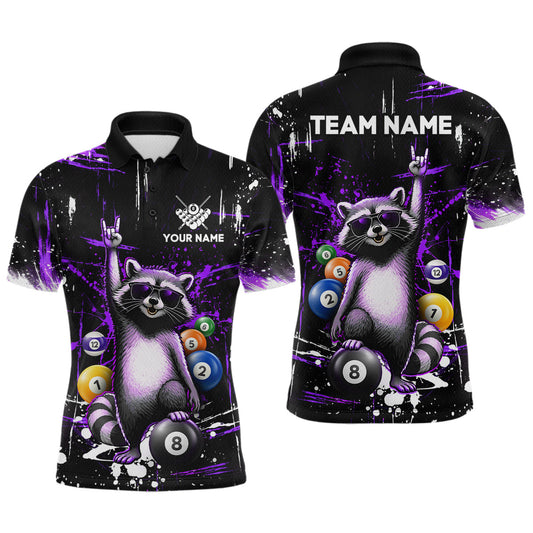 Maxcorners Custom Purple Funny Raccoon Billiard Shirt for Men 8 Ball Pool Billiard Jersey Polo & 1/4-Zip LM0503