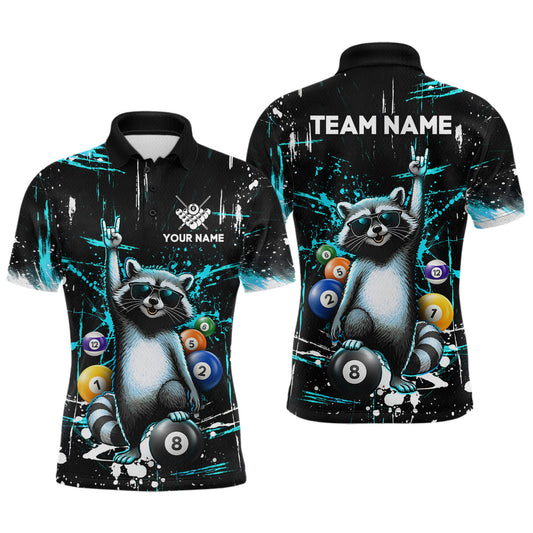Maxcorners Custom Turquoise Funny Raccoon Billiard Shirt for Men 8 Ball Pool Billiard Jersey Polo & 1/4-Zip LM0503
