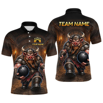 Maxcorners Custom Viking Pig Bowling Shirt Black & Brown Funny Bowling Jersey for Men Polo & Quarter-Zip LM1508