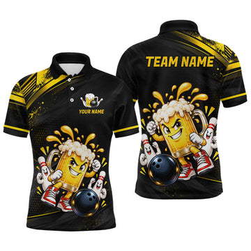 Maxcorners Custom Funny Beer Bowling Team Shirt for Men Black Yellow Bowling Jersey Polo & 1/4-Zip
