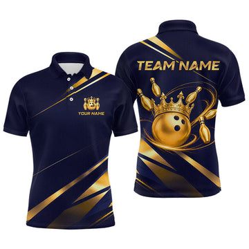 Maxcorners Custom Navy & Gold Bowling Team Shirt for Men Crown Bowling Ball Jersey Polo & 1/4-Zip