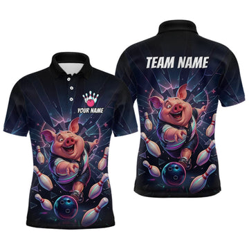 Maxcorners Custom Funny Pig Bowling Shirt for Men Neon Shattered Glass Bowling Team Jersey LM1508