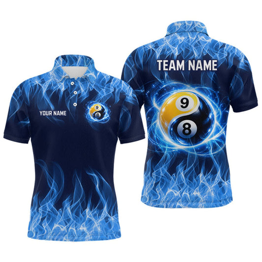 Maxcorners Custom Blue Flame Yin Yang 8 Ball and 9 Ball Billiard Team Shirts for Men Billiard League LM0510