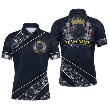 Maxcorners Custom Navy Bowling Shirts with Rhinestones for Men King Bowling Polo & Quarter-Zip Bowling Outfit LM1705