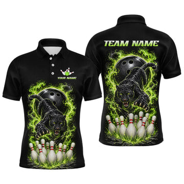 Maxcorners Custom Green Flame Panther Bowling Shirt for Men Bowling Team Jersey Polo & Quarter-Zip LM1508