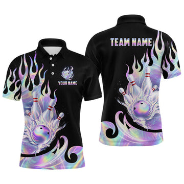 Maxcorners Custom Holographic Flame Bowling Shirt for Men Bowling League Jersey Polo & 1/4-Zip LM2709