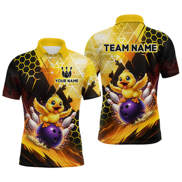 Maxcorners Custom Funny Duck Bowling Team Shirt for Men Yellow Bowling League Jersey Polo & 1/4 Bowling Outfit