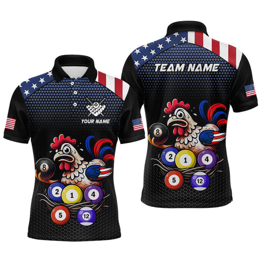 Maxcorners Custom Funny American Flag Chicken Billiard Shirt for Men Billiard Jersey Polo & Quarter-Zip Pool Shirt LM1705