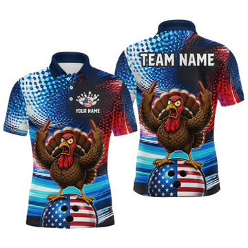Maxcorners Custom American Flag Turkey Bowling Shirt for Men Funny Bowling Team Jersey LM0409