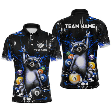 Maxcorners Custom Blue Funny Raccoon Billiard Shirt for Men 8 Ball & 9 Ball Pool Billiard Jersey Polo & 1/4-Zip