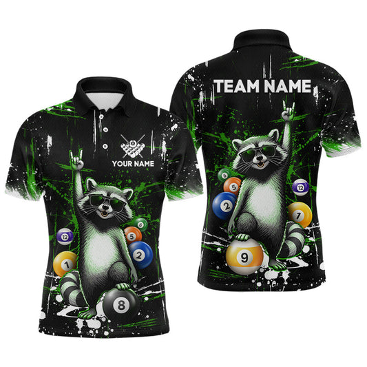 Maxcorners Custom Green Funny Raccoon Billiard Shirt for Men 8 Ball & 9 Ball Pool Billiard Jersey Polo & 1/4-Zip