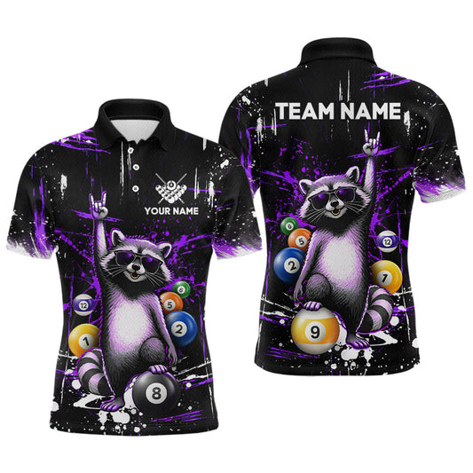 Maxcorners Custom Purple Funny Raccoon Billiard Shirt for Men 8 Ball & 9 Ball Pool Billiard Jersey Polo & 1/4-Zip