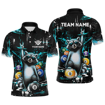 Maxcorners Custom Turquoise Funny Raccoon Billiard Shirt for Men 8 Ball & 9 Ball Pool Billiard Jersey Polo & 1/4-Zip