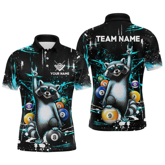 Maxcorners Custom Turquoise Funny Raccoon Billiard Shirt for Men 8 Ball & 9 Ball Pool Billiard Jersey Polo & 1/4-Zip