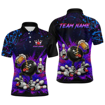 Maxcorners Custom Purple and Blue Funny Beer Bowling Shirt for Men Bowling Team Jersey Polo & 1/4 Zip Bowling Outfit