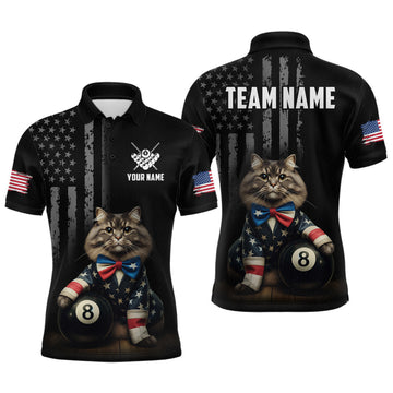 Maxcorners Custom American Flag Funny Cat Billiard Shirt for Men 8 Ball Pool Shirt Polo & 1/4 Zip Billiard Jersey