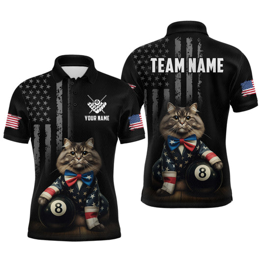 Maxcorners Custom American Flag Funny Cat Billiard Shirt for Men 8 Ball Pool Shirt Polo & 1/4 Zip Billiard Jersey