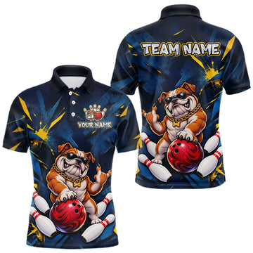 Maxcorners Custom Navy & Yellow Funny Bulldog Bowling Shirt for Men Bowling Jersey