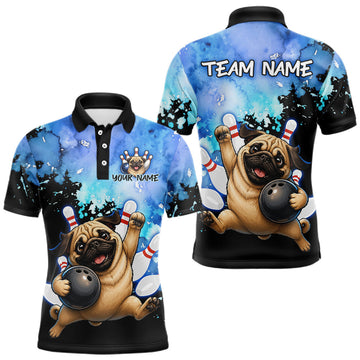 Maxcorners Custom Funny Pug Dog Bowling Shirt for Men Blue Bowling Team Jersey Bowling Outfit