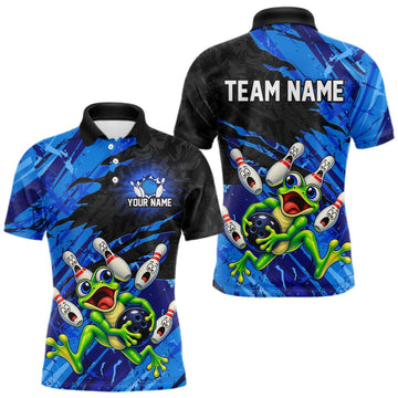 Maxcorners Custom Blue Funny Frog Bowling Shirt for Men Bowling Team Jersey LM0609