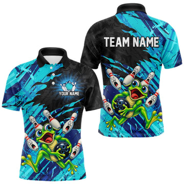 Maxcorners Custom Cyan Funny Frog Bowling Shirt for Men Bowling Team Jersey LM0609