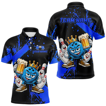 Maxcorners Custom Blue Funny Beer Bowling Shirts for Men Crown Bowling Team Jersey Bowling Outfit