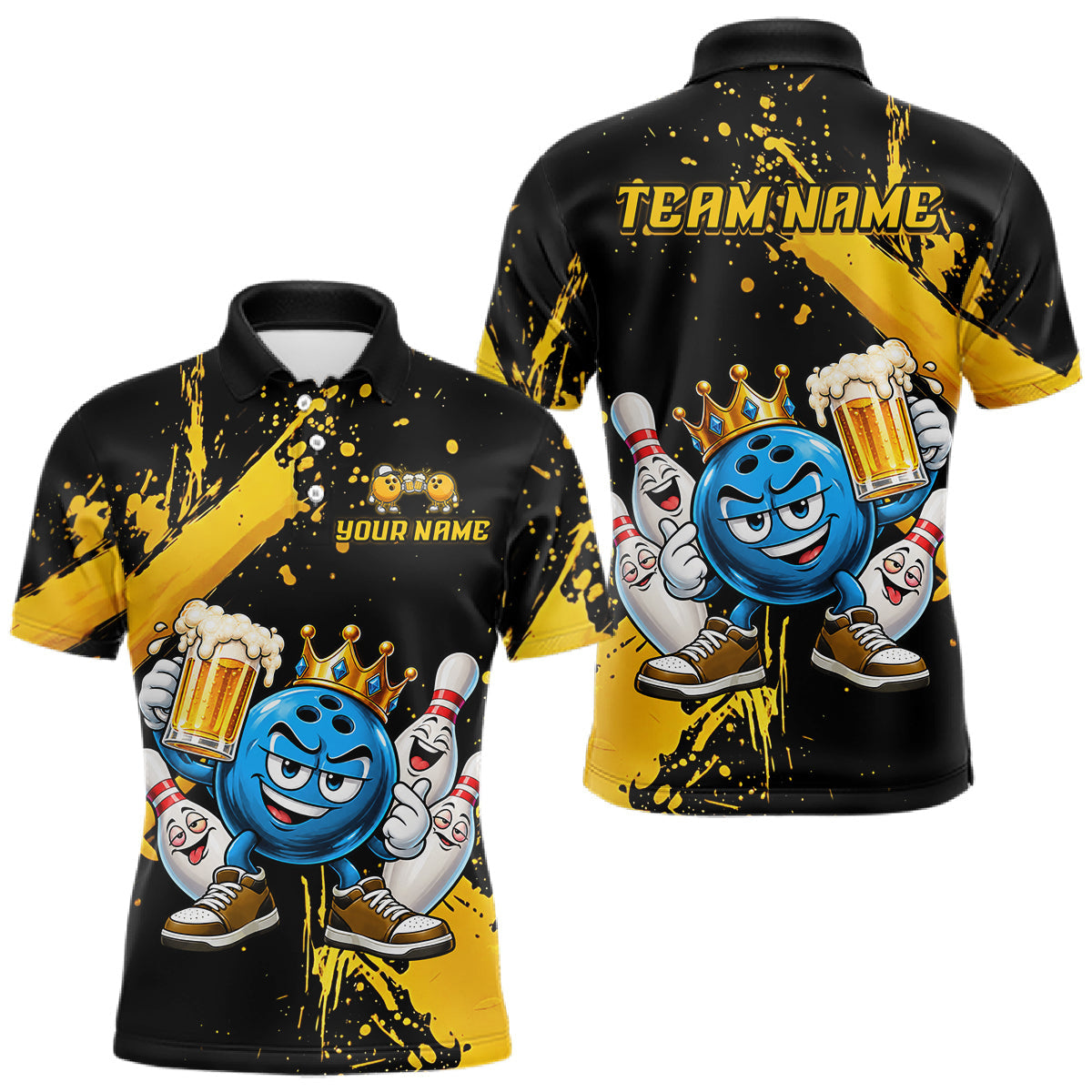 Maxcorners Custom Yellow Funny Beer Bowling Shirts for Men Crown Bowling Team Jersey Bowling Outfit