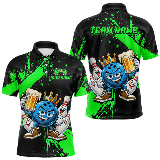 Maxcorners Custom Green Funny Beer Bowling Shirts for Men Crown Bowling Team Jersey Bowling Outfit