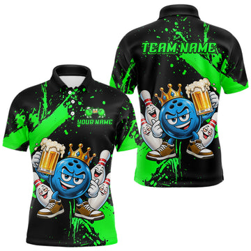 Maxcorners Custom Green Funny Beer Bowling Shirts for Men Crown Bowling Team Jersey Bowling Outfit