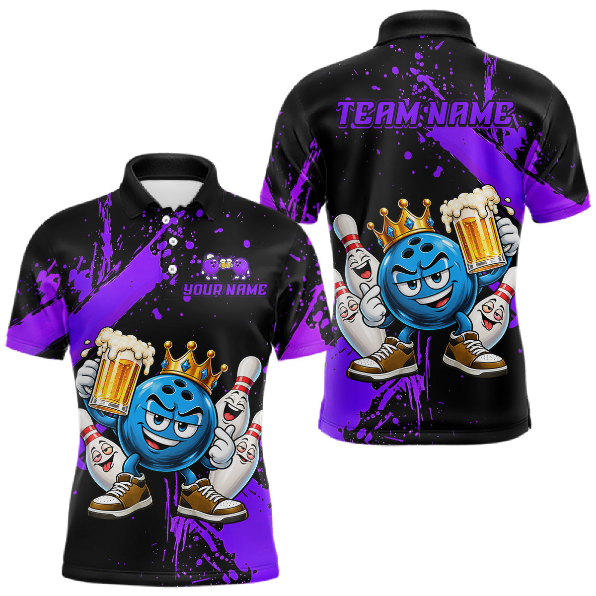 Maxcorners Custom Purple Funny Beer Bowling Shirts for Men Crown Bowling Team Jersey Bowling Outfit