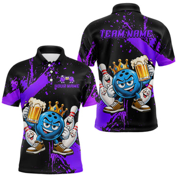 Maxcorners Custom Purple Funny Beer Bowling Shirts for Men Crown Bowling Team Jersey Bowling Outfit