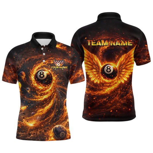 Maxcorners Orange Flame Billiard Shirt for Men Custom Wings 8 Ball Billiard Jersey Polo & 1/4 Zip Billiard Outfit LM2603