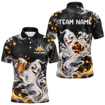 Maxcorners Custom Funny Ghost & Beer Bowling Shirt for Men Black Yellow Bowling Team Jersey Polo & 1/4-Zip