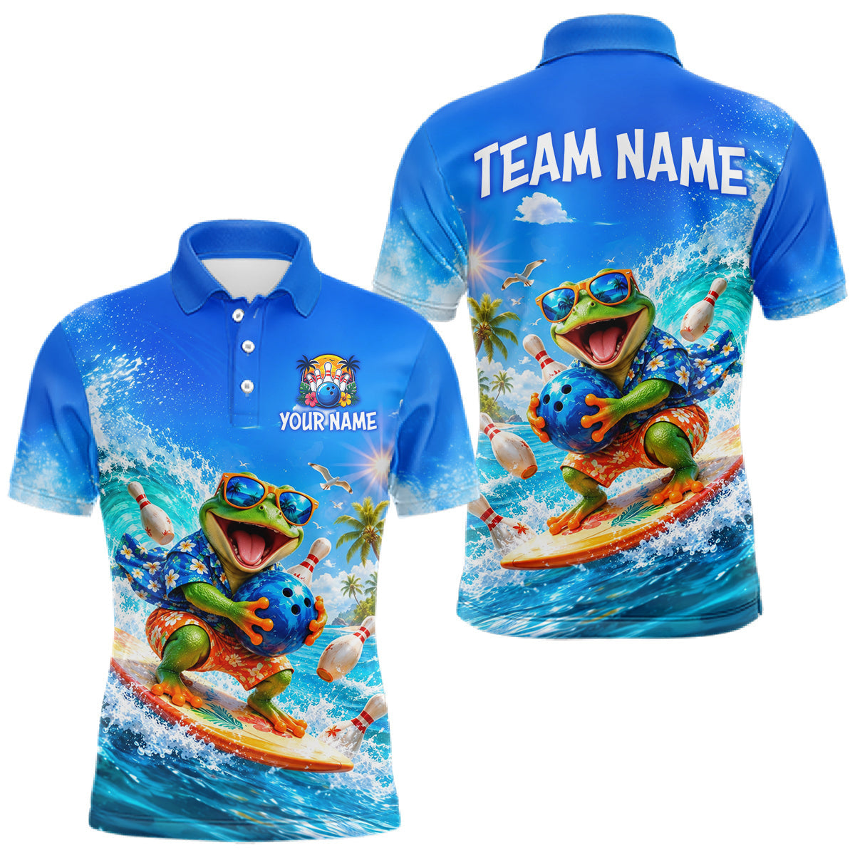 Maxcorners Custom Funny Tropical Frog Bowling Shirts Beach Bowling Jersey for Men