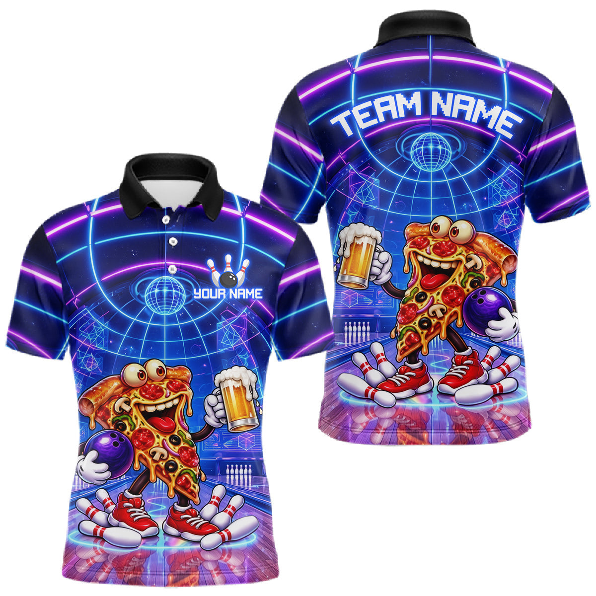 Maxcorners Custom Funny Pizza Bowling Team Shirt for Men Neon Bowling Jersey