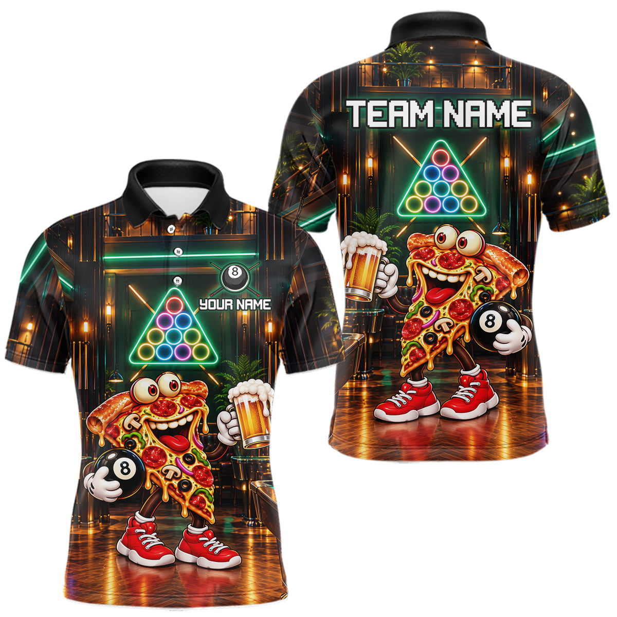 Maxcorners Custom Pizza & Beer Billiard Shirts for Men 8 Ball Funny Pool Jersey