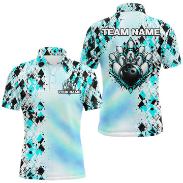 Maxcorners Custom Aurora Gradient Bowling Shirt for Men Teal Argyle Bowling Jersey Bowling Outfit