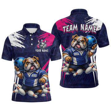 Maxcorners Personalized Funny Bulldog Bowling League Shirt Polo & 1/4 Zip Navy Bowling Jersey for Men LM2603