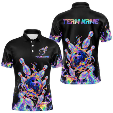 Maxcorners Custom Holographic Flames Bowling Shirt for Men Bowling League Jersey