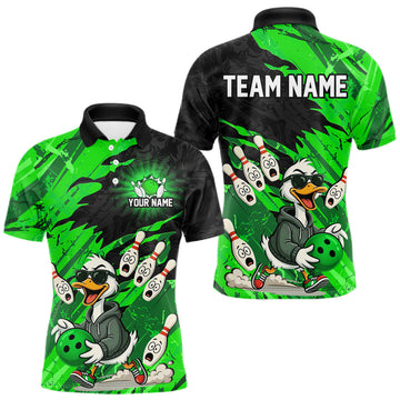 Maxcorners Green Funny Duck Bowling Shirt for Men Custom Bowling Team Jersey Bowling League Polo & Quarter-Zip
