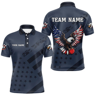 Maxcorners Custom American Flag Eagle Bowling Shirt for Men Polo & Quarter-Zip Bowling Team Jersey