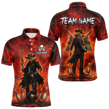 Maxcorners Custom Cowboy Skull Bowling Shirt for Men Red Fire Western Bowling Jersey Polo & 1/4 Zip LM1508