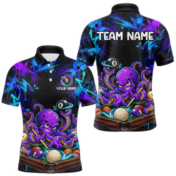 Maxcorners Custom Funny Octopus Billiard Team Shirt for Men Teal Purple Graffiti Pool Jersey Polo & Quarter-Zip LM1910