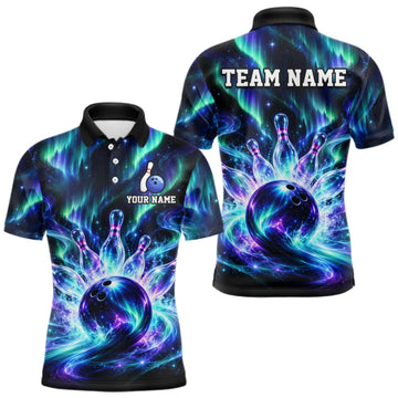 Maxcorners Custom Aurora Galaxy Bowling Shirt for Men Northern Lights Bowling Team Jersey Polo & Quarter-Zip LM1910