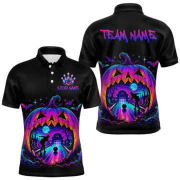Maxcorners Custom Halloween Pumpkin Bowling Shirt Neon Glow Bowling Team Jersey for Men Polo & Quarter-Zip LM1508